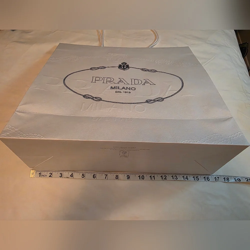 Prada White Shopping Bag with Blue Logo – Large Luxury Paper Tote – 16